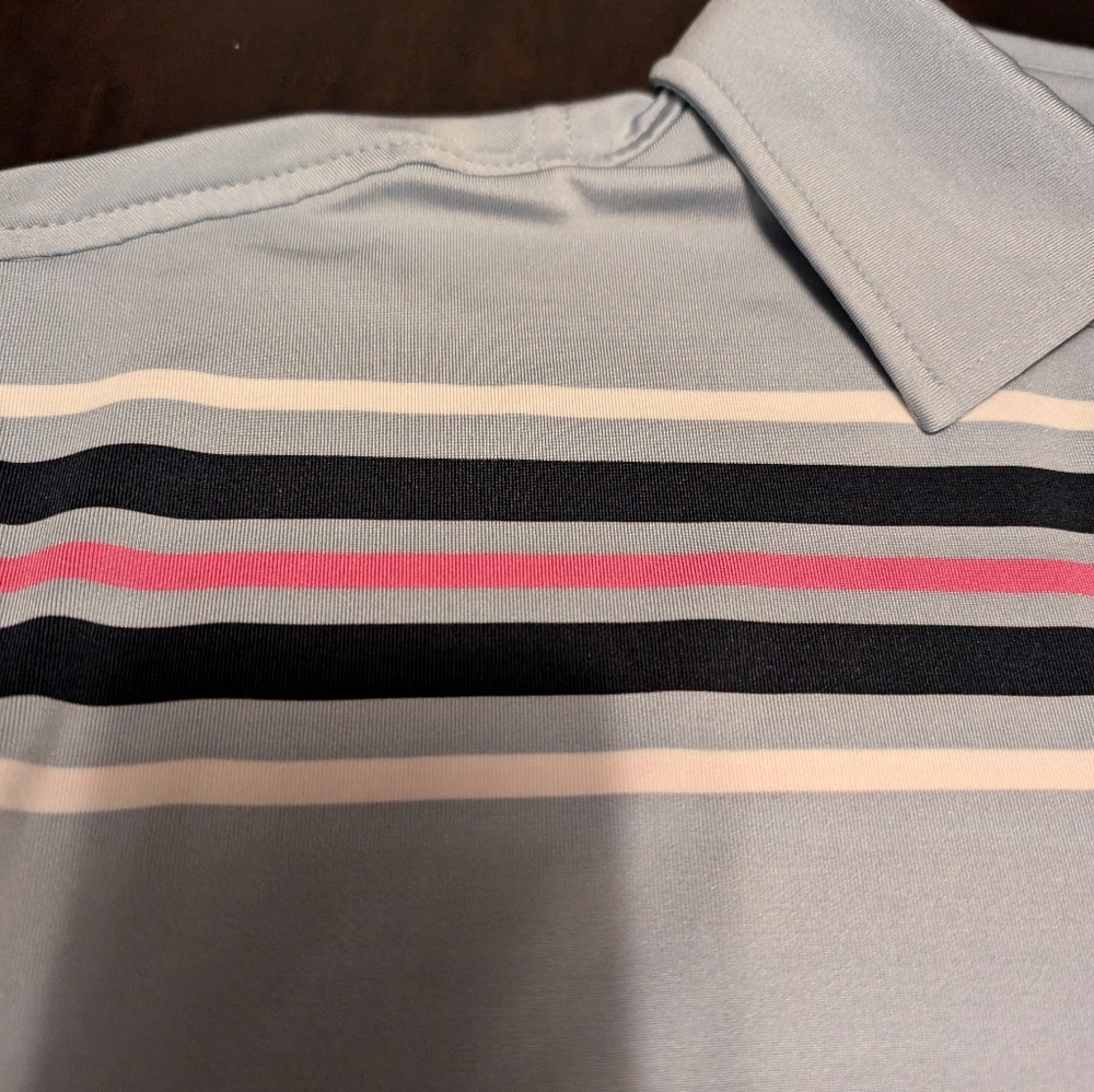 FootJoy Mens L Polo/Golf Shirt. Blueish Grey w/Pink/Navy/White Stripes - Picture 4 of 6
